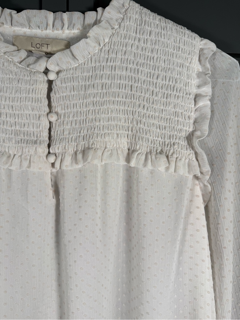 LOFT White Swiss Dot Smocked Ruffle Blouse Size Small - Picture 5 of 10